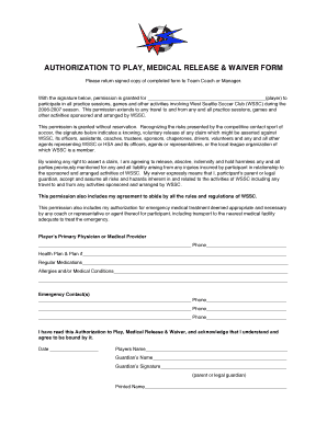 Authorization to Play, Medical Release & Waiver Form