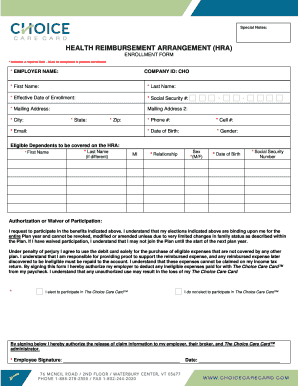 Health Reimbursement Arrangement Enrollment Form