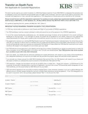 KBS REITs Transfer on Death Form