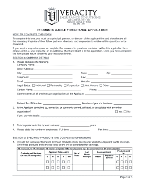 Products Liability Insurance Application