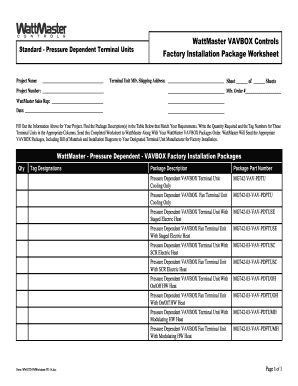 WattMaster VAVBOX Factory Installation Worksheet