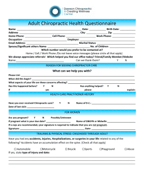 Adult Chiropractic Health Questionnaire