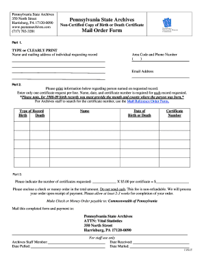 Pennsylvania Birth or Death Certificate Request Form