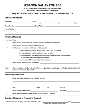 Lebanon Valley College Enrollment Verification Request