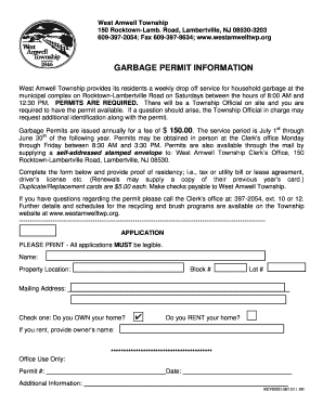 West Amwell Township Garbage Permit Application