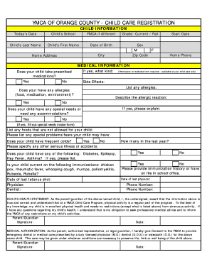 YMCA Child Care Registration Form