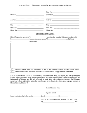 Florida Small Claims Court Statement of Claim