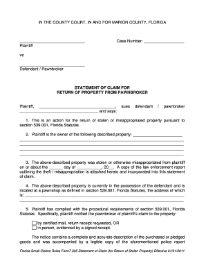 Statement of Claim for Return of Property from Pawnbroker