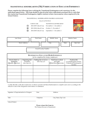 Transitional Kindergarten Educator Experience Verification Form