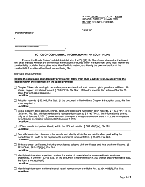 Florida Notice of Confidential Information Within Court Filing