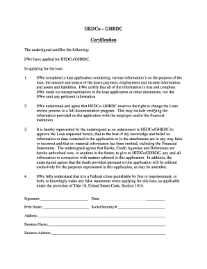 HEDCo-GHBDC Loan Certification Form