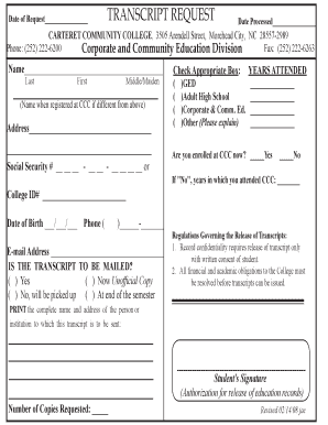 Carteret Community College Transcript Request Form