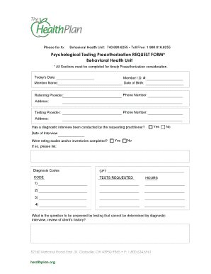 Psychological Testing Preauthorization Request Form