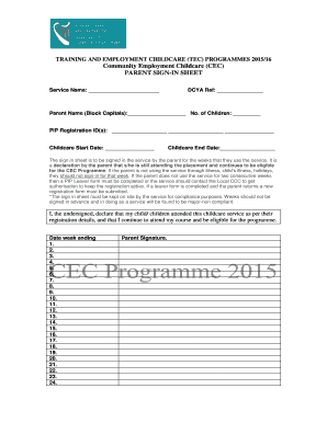 Community Employment Childcare Parent Sign-In Sheet