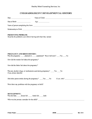 Child Adolescent Developmental History Form