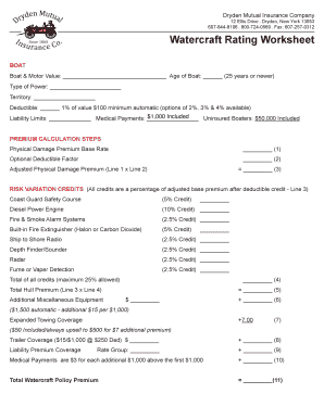 Watercraft Insurance Rating Worksheet