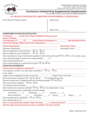Contractors Underwriting Supplemental Questionnaire