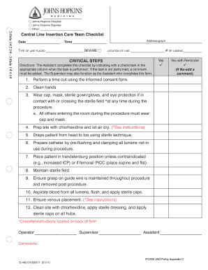 Central Line Insertion Care Team Checklist