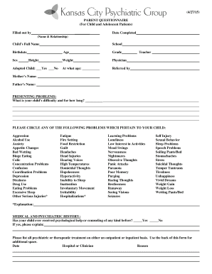 Parent Questionnaire for Child and Adolescent Patients