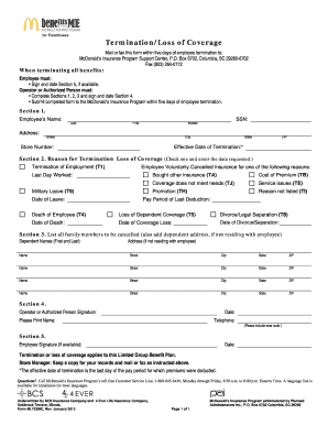 McDonald's Employee Termination/Loss of Coverage Form