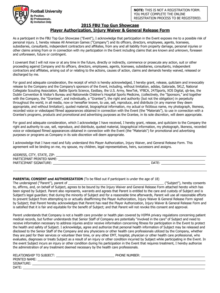 Fillable Online Top Gun Showcase Wavier From - Football University Fax ...