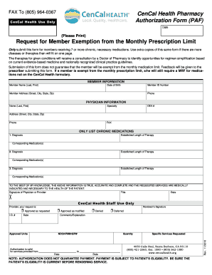 CenCal Health Prescription Limit Exemption Form