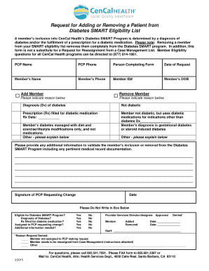 Request for Adding or Removing a Patient from Diabetes SMART Eligibility List
