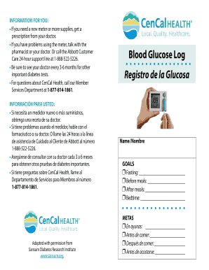 Blood Glucose Log Registro de la Glucosa - cencalhealthorg