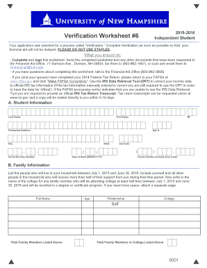 20152016 Independent Student Verification Worksheet #6 Your application was selected for a process called Verification