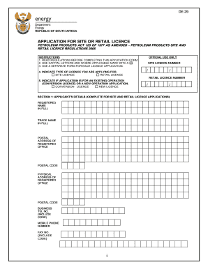 South Africa Site or Retail Licence Application