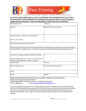British Dressage Event Reservation Form