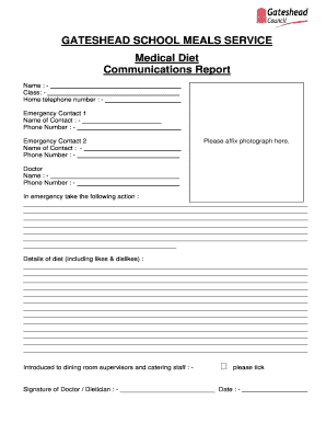 Gateshead School Meals Medical Diet Form