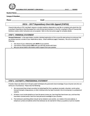B2016b - 2017 FAFSA Dependency Override Appeal Packet