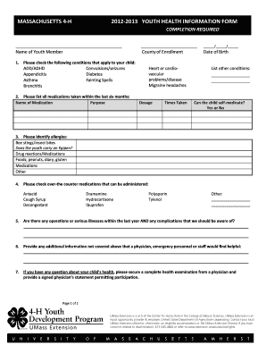 Massachusetts 4-H Youth Health Information Form
