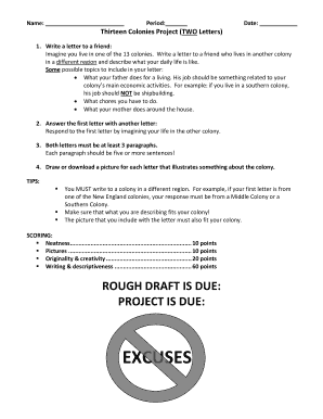 Thirteen Colonies Project Letter Assignment