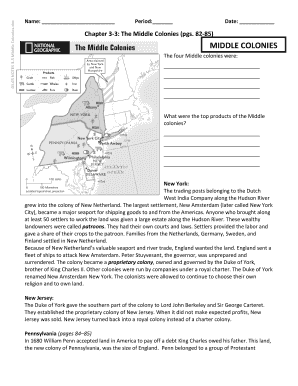 Middle Colonies Worksheet