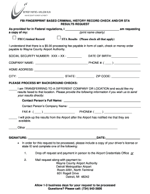 FBI Criminal History Record Check Request