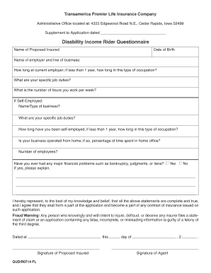 Disability Income Rider Questionnaire