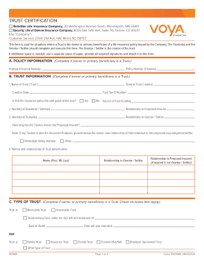 Trust Certification Form for Life Insurance