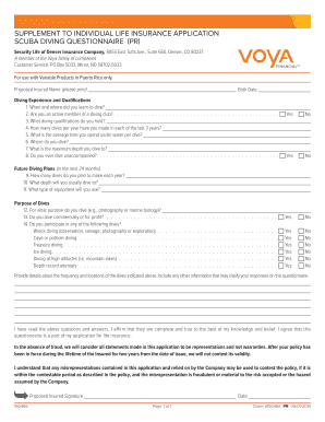 Scuba Diving Questionnaire for Life Insurance Application