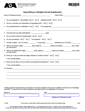 Hang Gliding or Ultralight Aircraft Insurance Questionnaire