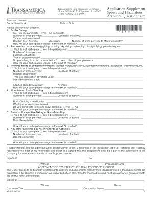 Transamerica Life Insurance Sports and Hazardous Activities Questionnaire