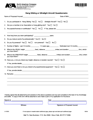 Hang Gliding or Ultralight Aircraft Insurance Questionnaire