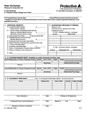 Rider Worksheet for Life Insurance Policy
