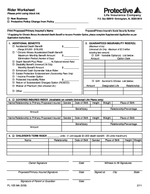Life Insurance Rider Worksheet