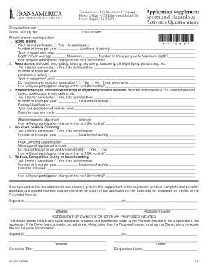Transamerica Life Insurance Sports and Hazardous Activities Questionnaire