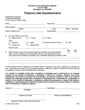Tobacco Use Questionnaire for Life Insurance