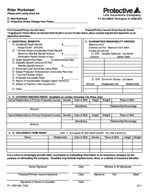 Insurance Policy Change Rider Worksheet
