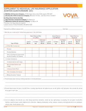 Aviation Questionnaire for Life Insurance Application