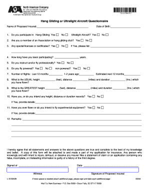 Hang Gliding Ultralight Aircraft Insurance Questionnaire